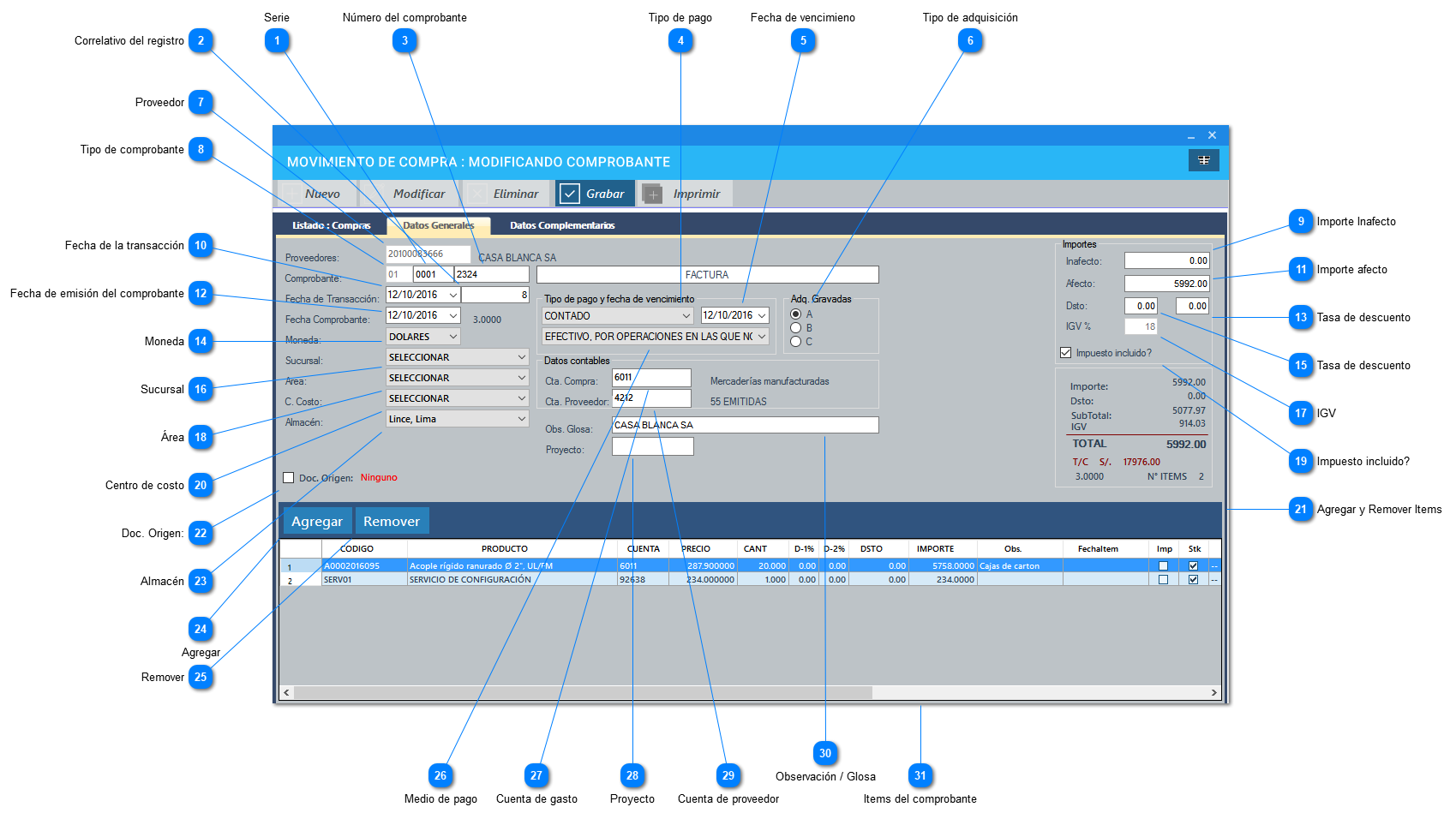 Crear o editar comprobantes de compra