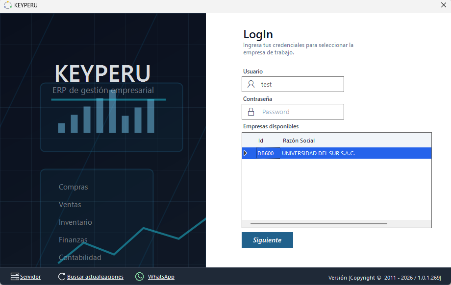 Pantalla de acceso de KEYPERU ERP